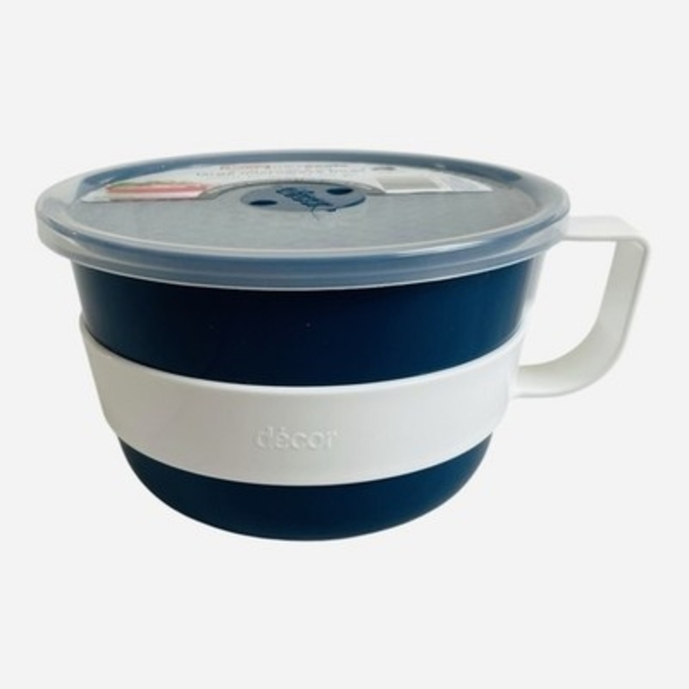 Decor Microsafe Large Microwave Bowl Vented Lid Soup Noodle Oats Blue 4.85C NIB